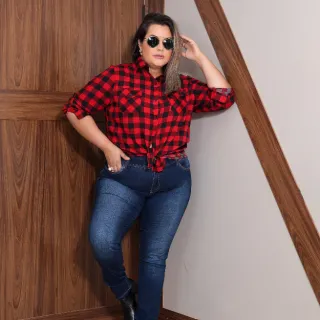 Camisa Xadrez Plus Size Feminina Manga Longa em Viscose - Vermelho