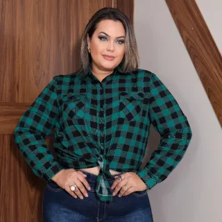 Camisa Xadrez Plus Size Feminina Manga Longa em Viscose - Vermelho