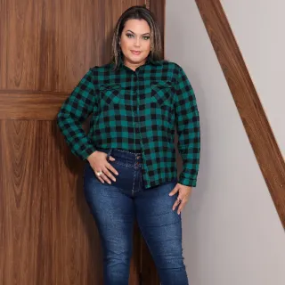 Camisa Xadrez Plus Size Feminina Manga Longa em Viscose - Vermelho