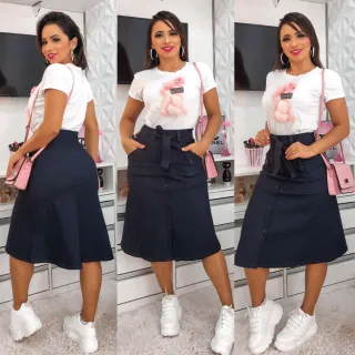 Saia evase com cinto e botões falsos em bengaline - Preto Jeans