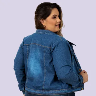 Jaqueta Lisa Plus Size Feminina Jeans Coloração Clara - Atenas Jeans - Tom Escuro