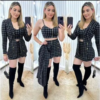 Blazer Cropped e Short Saia Neoprene - Conjunto 3 Peças - XADREZ BRANCO
