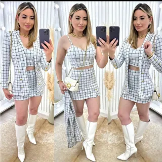 Blazer Cropped e Short Saia Neoprene - Conjunto 3 Peças - XADREZ BRANCO