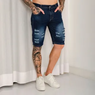 Rasgado 100% Algodão Bermuda Jeans Sarja Masculino - SKY rasgado#2