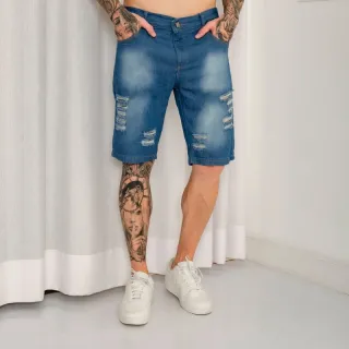 Rasgado 100% Algodão Bermuda Jeans Sarja Masculino - SKY rasgado#2
