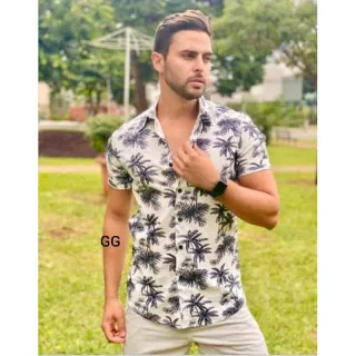 Camisa manga curta masculina social de alta qualidade com estampas belas - azul marinho estampada