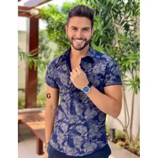Camisa manga curta masculina social de alta qualidade com estampas belas - azul marinho estampada