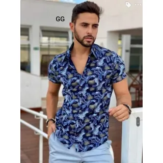 Camisa manga curta masculina social de alta qualidade com estampas belas - azul marinho estampada