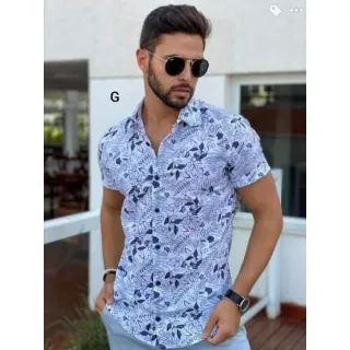 Camisa manga curta masculina social de alta qualidade com estampas belas - azul marinho estampada