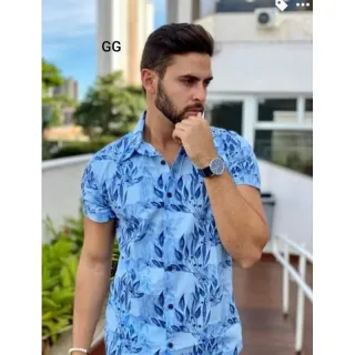 Camisa manga curta masculina social de alta qualidade com estampas belas - azul marinho estampada