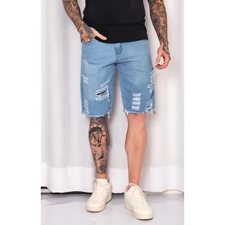 Rasgado 100% Algodão Bermuda Jeans Sarja Masculino - SKY rasgado#2