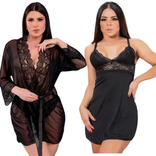 Camisola de renda luxo e robe: kit com calcinhas grátis - Branco