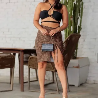 Alta Qualidade Saia Midi Amarração Fenda Lateral Franzida - Onça