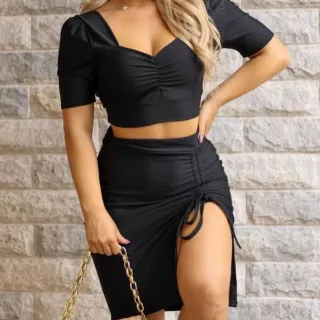 Moda Suplex Franzida Amarração Midi Fenda Lateral Saia - Onça