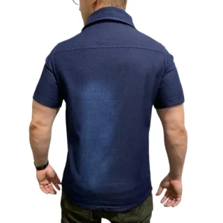 Social Masculina Camisa Jeans Manga Curta Slim com Elastano - JEANS AZUL MÉDIO