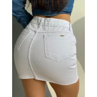 Saia Feminina Jeans Curta com Barra Desfiada e Cintura Alta do 36 ao 46 - SAIA JEANS AZUL MÉDIO