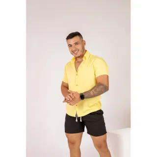 Camisa Slim Amarela Manga Botão para Homens - AMARELA