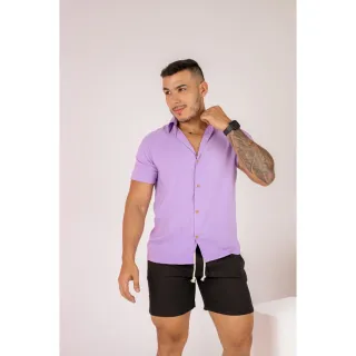 Camisa Social Manga Lilás Botão Slim para Homens - Lilás