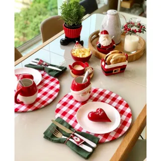 Decoração de Natal: Kit Mesa Posta com 18 Peças - Capas de Sousplat Estampado + Guardanapos + Argolas - Flores Vermelhas