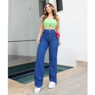 Calça Wide Leg Feminina Cintura Alta em Algodão 100% - Wide Lisa Escura
