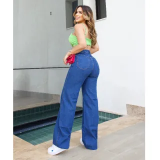 Calça Wide Leg Feminina Cintura Alta em Algodão 100% - Wide Lisa Escura