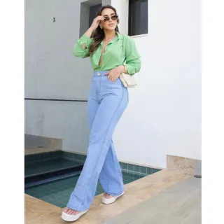 Calça Wide Leg Feminina Cintura Alta em Algodão 100% - Wide Lisa Escura