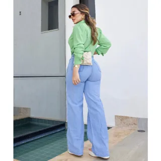 Calça Wide Leg Feminina Cintura Alta em Algodão 100% - Wide Lisa Escura