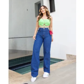 Calça Wide Leg Feminina Cintura Alta em Algodão 100% - Wide Lisa Escura