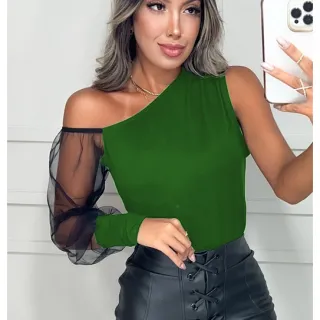 Mula Manca Blusa Feminina Manga Longa Tule Bufante Unica - Preto