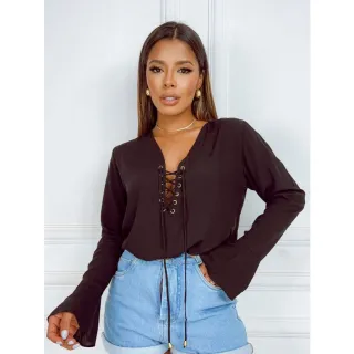 Cordão Manga Longa Blusa Feminina Decote Flare Ilhos - Azul Marinho