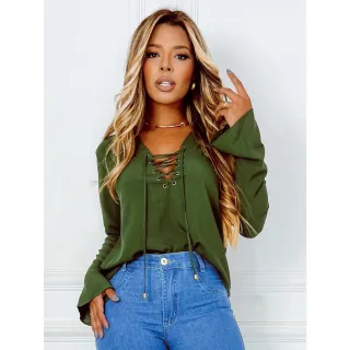 Cordão Manga Longa Blusa Feminina Decote Flare Ilhos - Azul Marinho