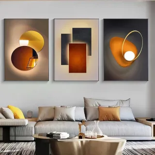 Trio Mosaico Quadros Decorativos Geométricos Luxo Dourado - 02