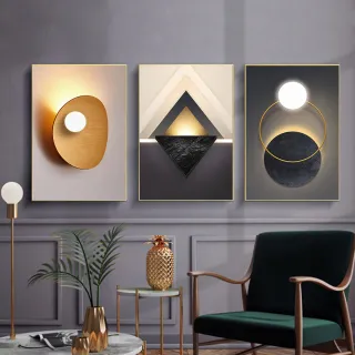 Trio Mosaico Quadros Decorativos Geométricos Luxo Dourado - 02