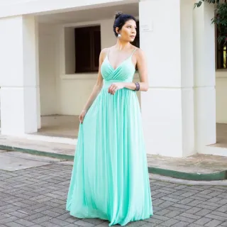 Vestido forrado alça longo de festa Tule - Azul Marinho