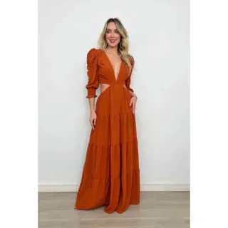 Lançamento Vestido Longo Feminino Manga Longa Decote Profundo Casamento - Roxo