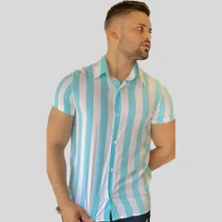Blusa masculina manga curta de botão em viscose listrada - Camisa masculina - Laranja / Branco