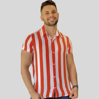 Blusa masculina manga curta de botão em viscose listrada - Camisa masculina - Laranja / Branco
