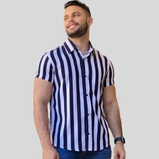 Blusa masculina manga curta de botão em viscose listrada - Camisa masculina - Laranja / Branco