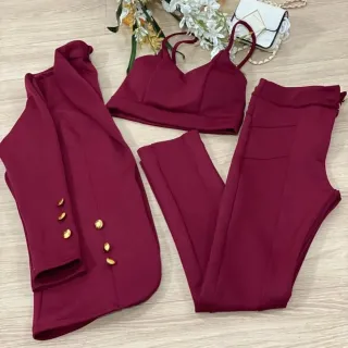 Moda Blogueira Conjunto Alfaiataria 3 Peças Blazer Max Longo Calça Cropped Neoprene - Vinho