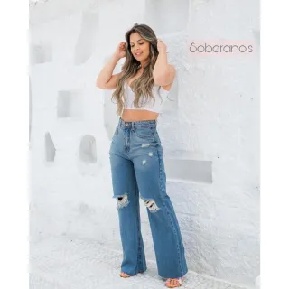 Wide Leg Jeans Feminino, Calça Pantalona Cintura Alta em Tecido - WD-LUXUOSA