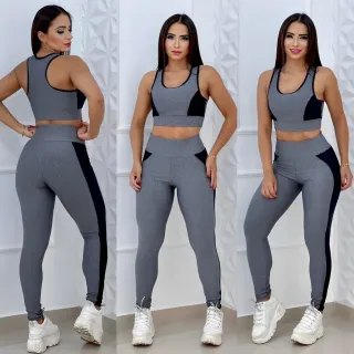 Moda Fitness Feminina: Conjunto Suplex Top + Calça Legging Cintura Alta 2 peças - Preto/Azul