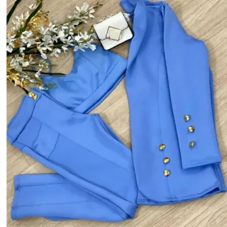 Moda Blogueira Conjunto Alfaiataria 3 Peças Blazer Max Longo Calça Cropped Neoprene - Vinho