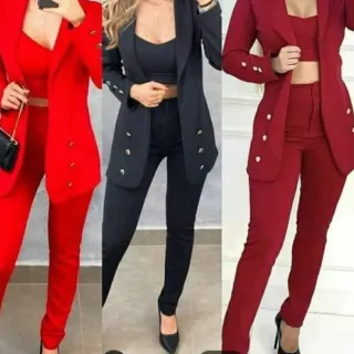 Moda Blogueira Conjunto Alfaiataria 3 Peças Blazer Max Longo Calça Cropped Neoprene - Vinho