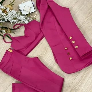 Moda Blogueira Conjunto Alfaiataria 3 Peças Blazer Max Longo Calça Cropped Neoprene - Vinho