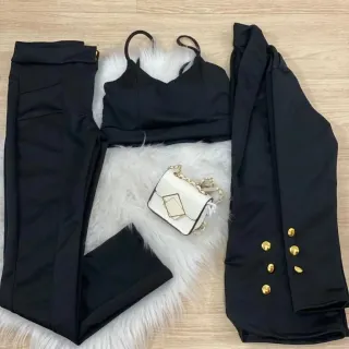 Moda Blogueira Conjunto Alfaiataria 3 Peças Blazer Max Longo Calça Cropped Neoprene - Vinho