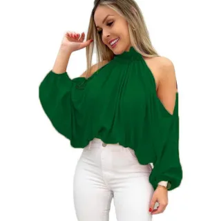 Blusa Feminina Cropped Manga Bufante Gola Alta Babado - VERDE-LIMA