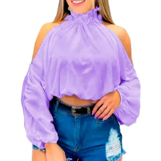 Blusa Feminina Cropped Manga Bufante Gola Alta Babado - VERDE-LIMA