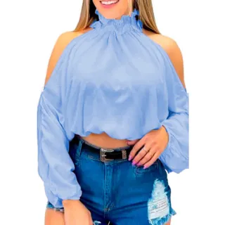 Blusa Feminina Cropped Manga Bufante Gola Alta Babado - VERDE-LIMA