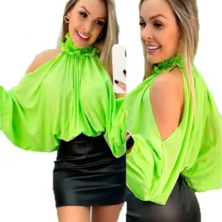 Blusa Feminina Cropped Manga Bufante Gola Alta Babado - VERDE-LIMA