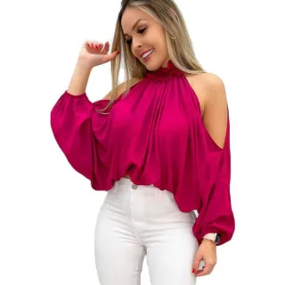 Blusa Feminina Cropped Manga Bufante Gola Alta Babado - VERDE-LIMA